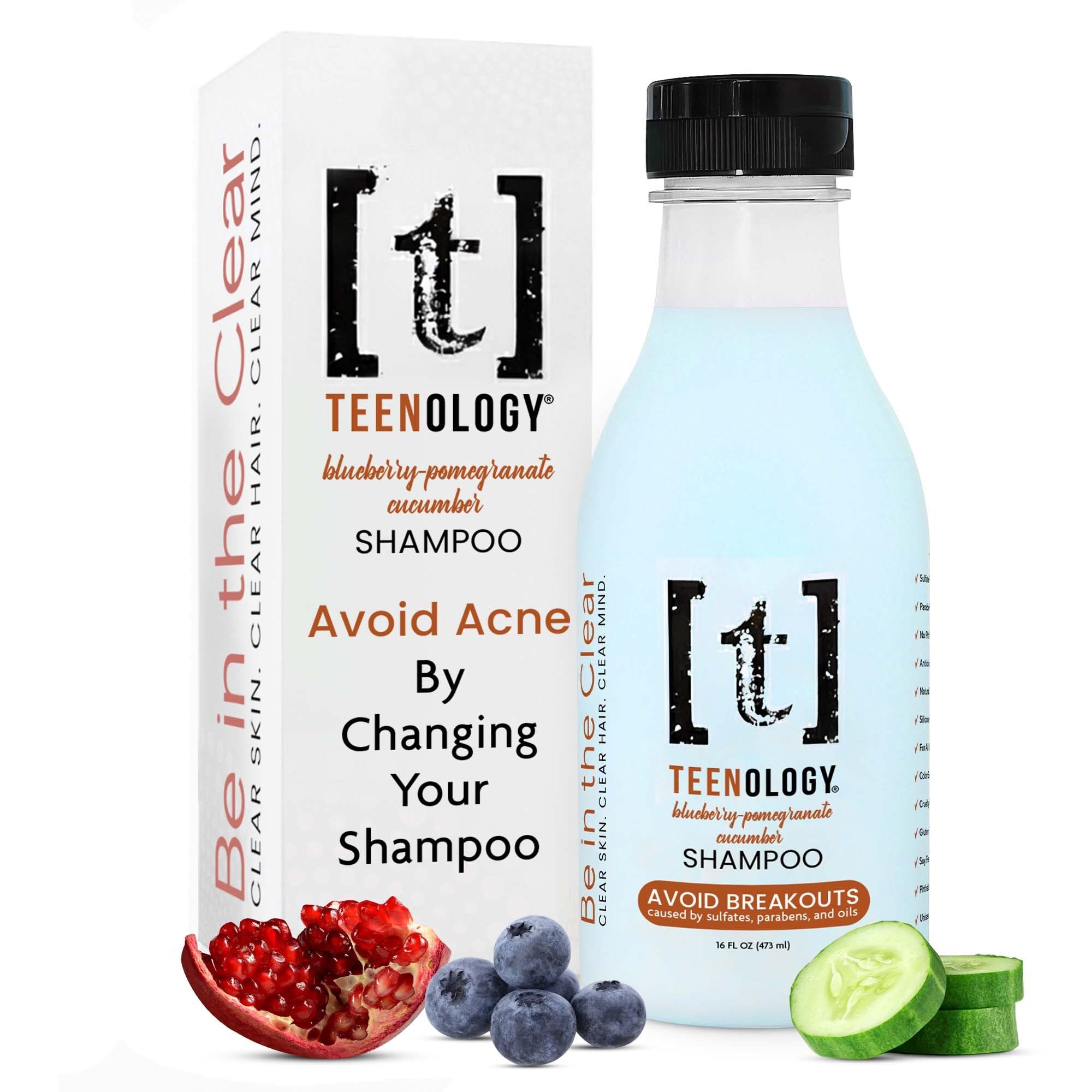 Teenology Teen Shampoo bottle featuring blueberry pomegranate cucumber for clearer skin and healthier hair.