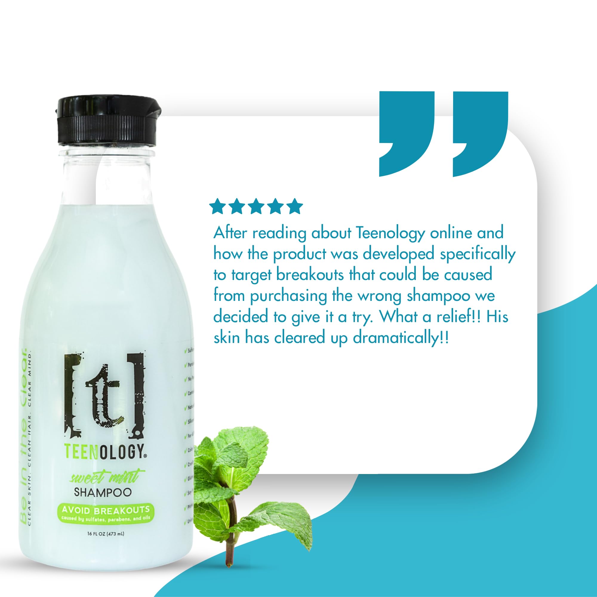 Teenology Teen Shampoo label closeup highlighting sulfate-free and paraben-free formula.