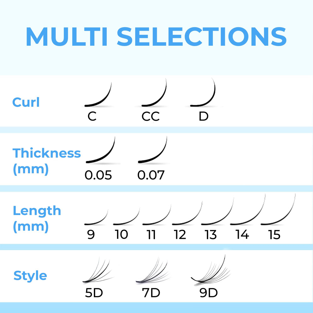 TEGAN LASH 5D-9D wispy fans with C/CC/D curls for versatile looks.