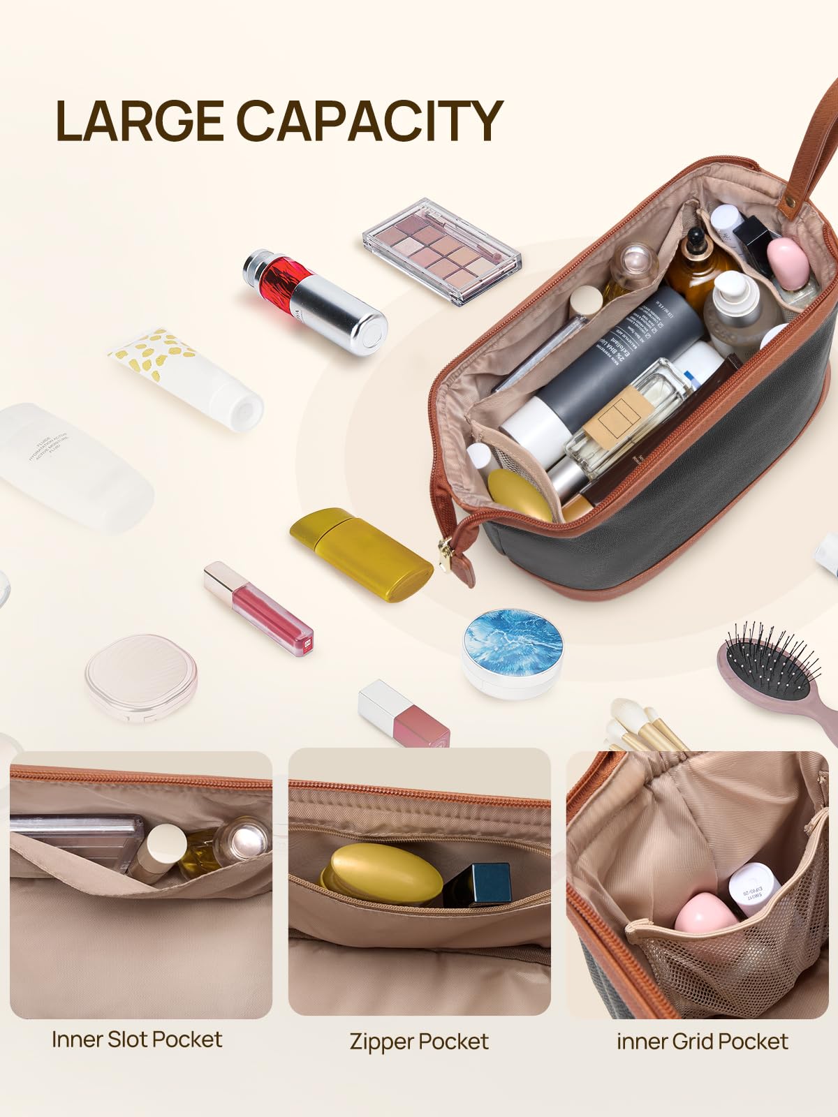 Telena makeup bag features water-resistant PU leather to protect contents in damp conditions.