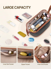 Telena makeup bag features water-resistant PU leather to protect contents in damp conditions.