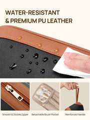Telena makeup bag wide opening design for quick access to makeup and skincare.