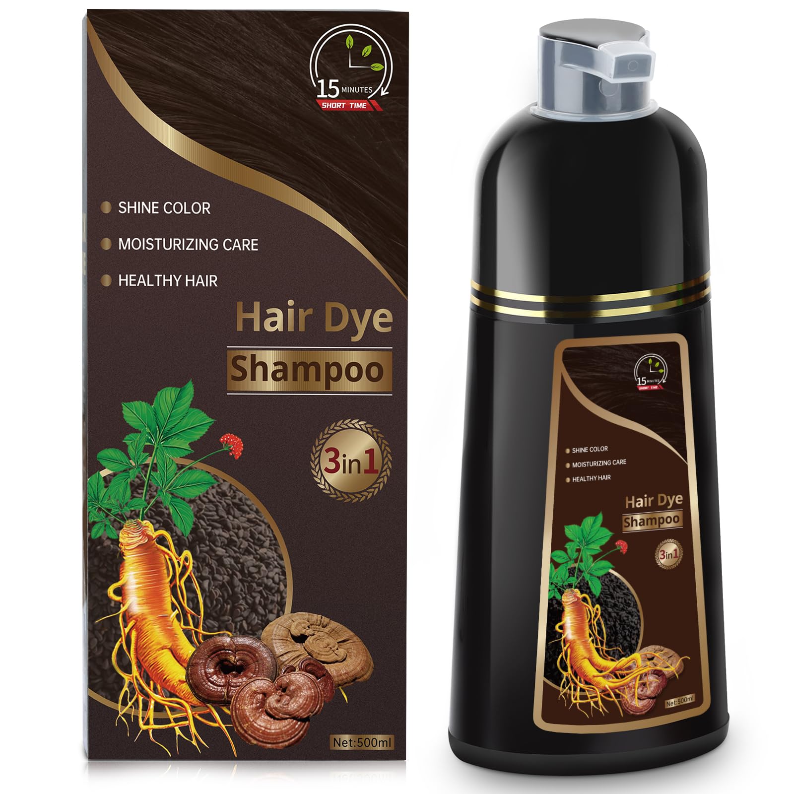 Temgofeau dark brown shampoo bottle demonstrates quick gray coverage.