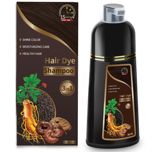 Temgofeau dark brown shampoo bottle demonstrates quick gray coverage.