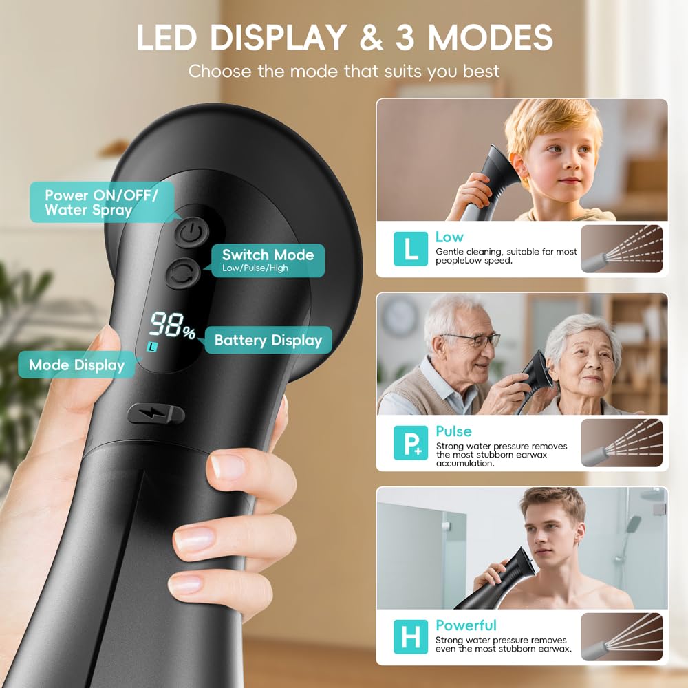 Temodu ear cleaner with LED screen showing three pressure modes for customized care.