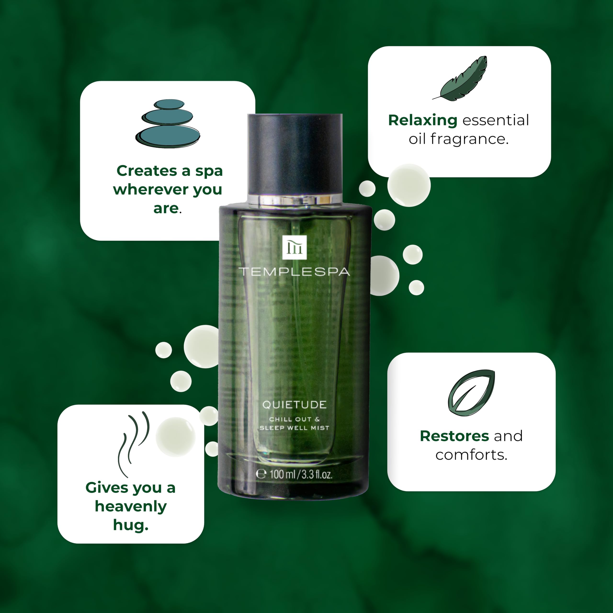 TEMPLESPA Quietude mist spray application demonstrates quick, soothing aroma to unwind after a hectic day.