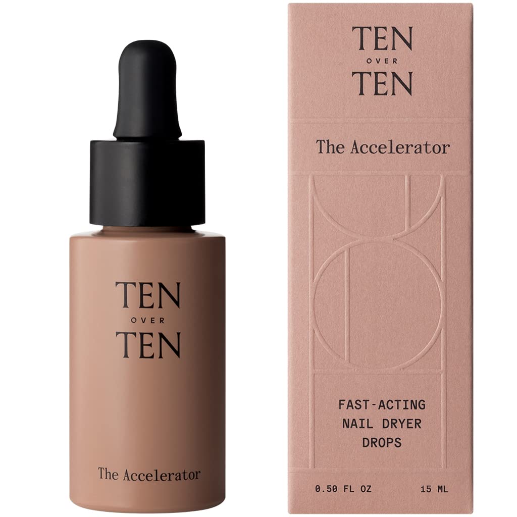 Tenoverten Accelerator bottle pour showing fast-drying action for clean, non-toxic nail polish.