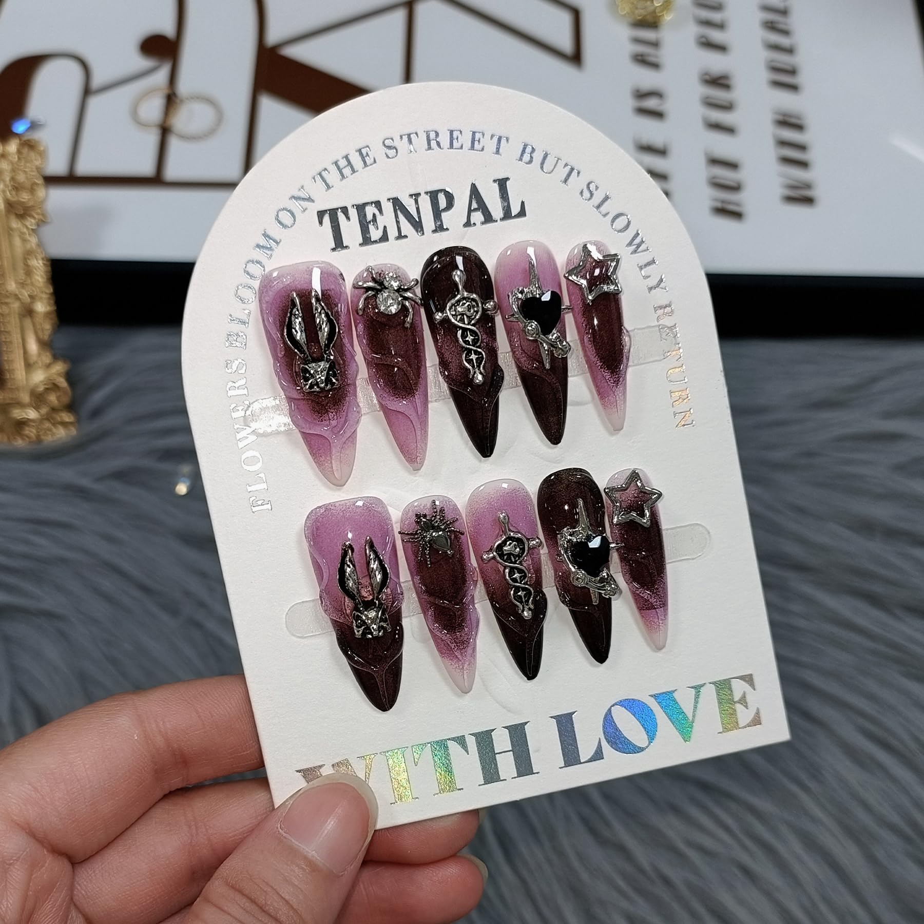 TENPAL nails with 3D cross, spider, and star charms for party-ready detail