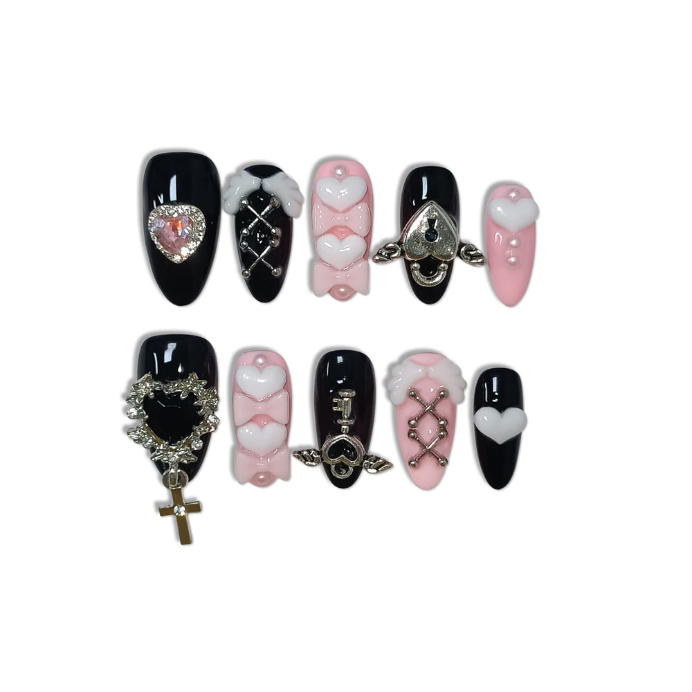 TENPAL nails showcase 3D heart bow and cross charms for party ready detail