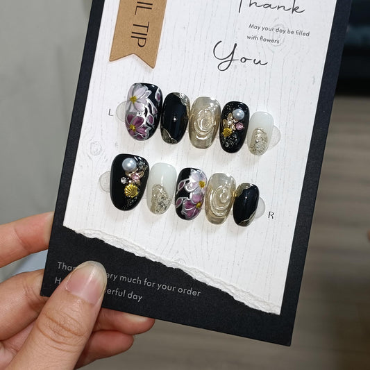 TENPAL Black Gold Floral Cat Eye Nails kit box with tools for easy at-home application.