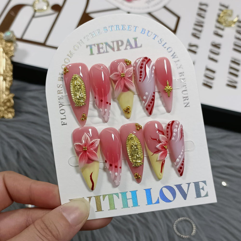 Tenpal long stiletto nails in vivid red with 3D floral ombre, ideal for weddings.
