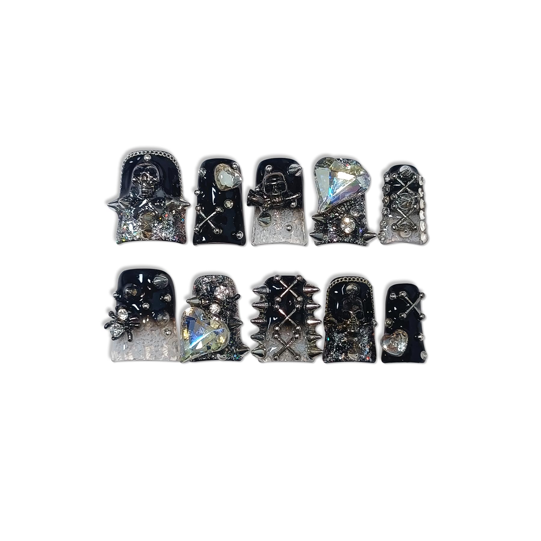 TENPAL Punk studs and crystal skull nails for bold Halloween-ready look.