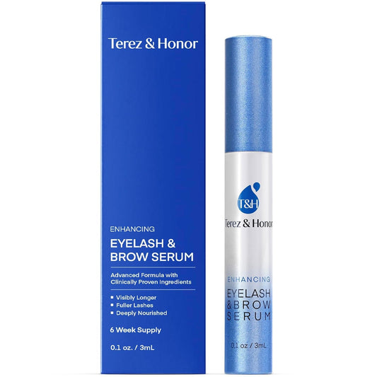 TEREZ & HONOR Advanced Eyelash Serum bottle highlights a premium formula for fuller lashes over time.