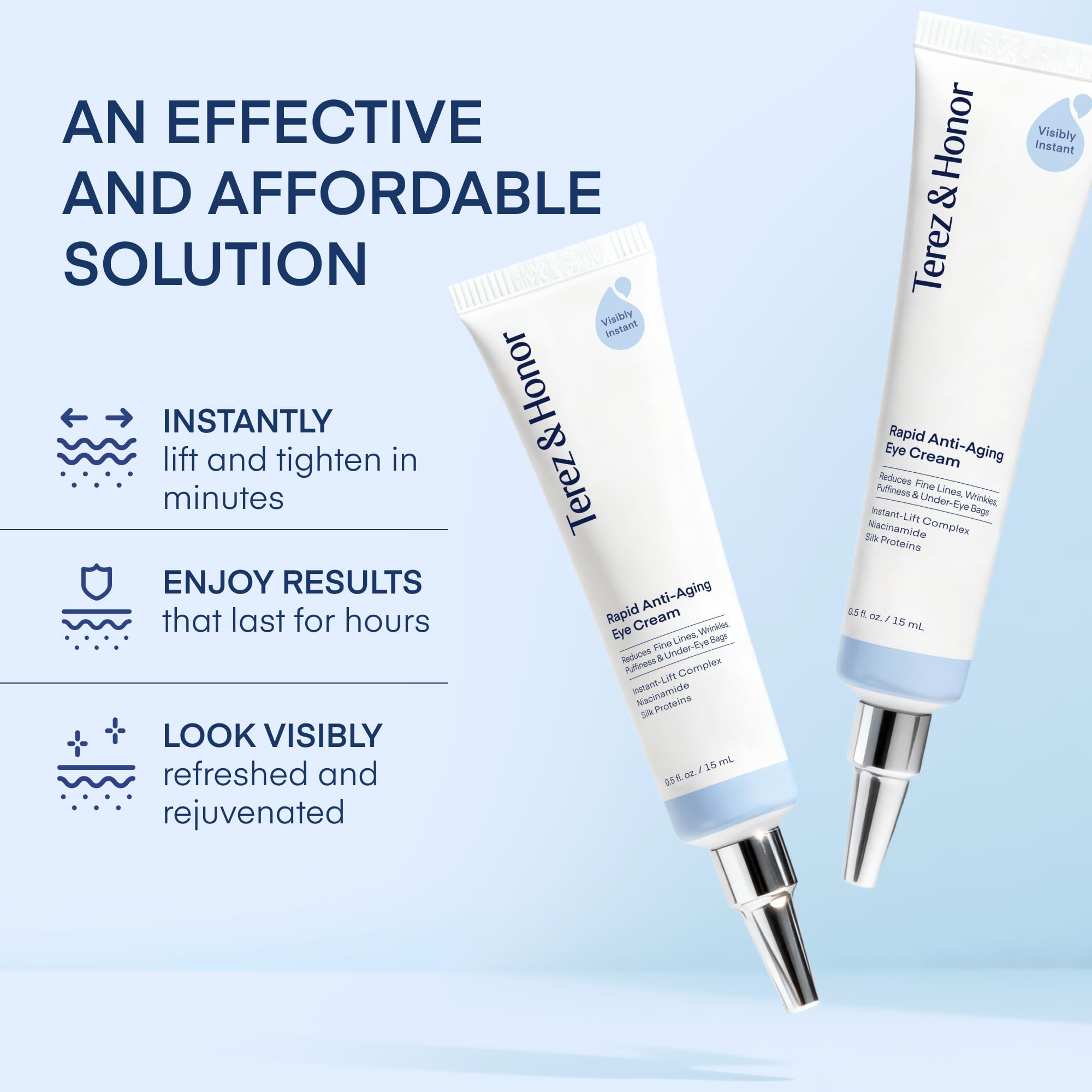Terez & Honor under-eye cream hand swatch showing hydrating texture for daytime use.
