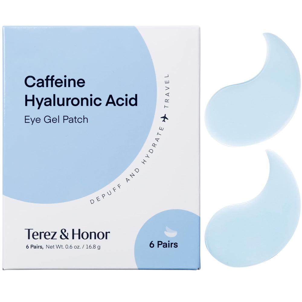 TEREZ & HONOR caffeine eye patches sachet packaging for a travel-ready eye refresh.
