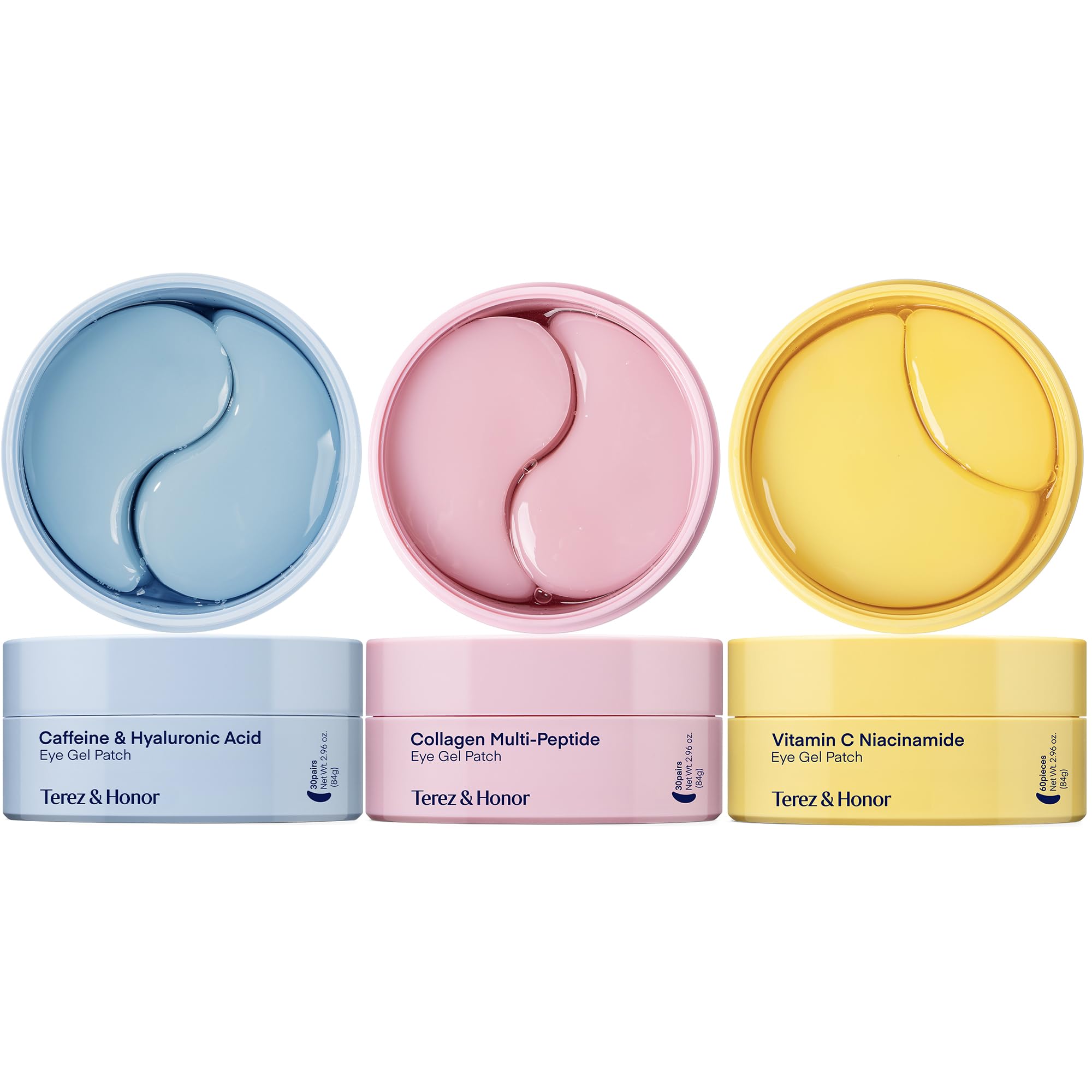 TEREZ & HONOR Eye Patches jar close-up highlighting caffeine for refreshed-looking eyes.