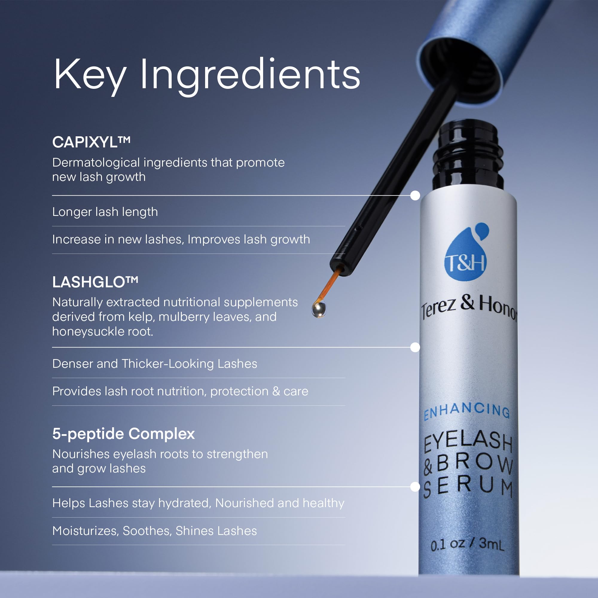 Terez & Honor eyebrow serum bottle front signaling healthier brows