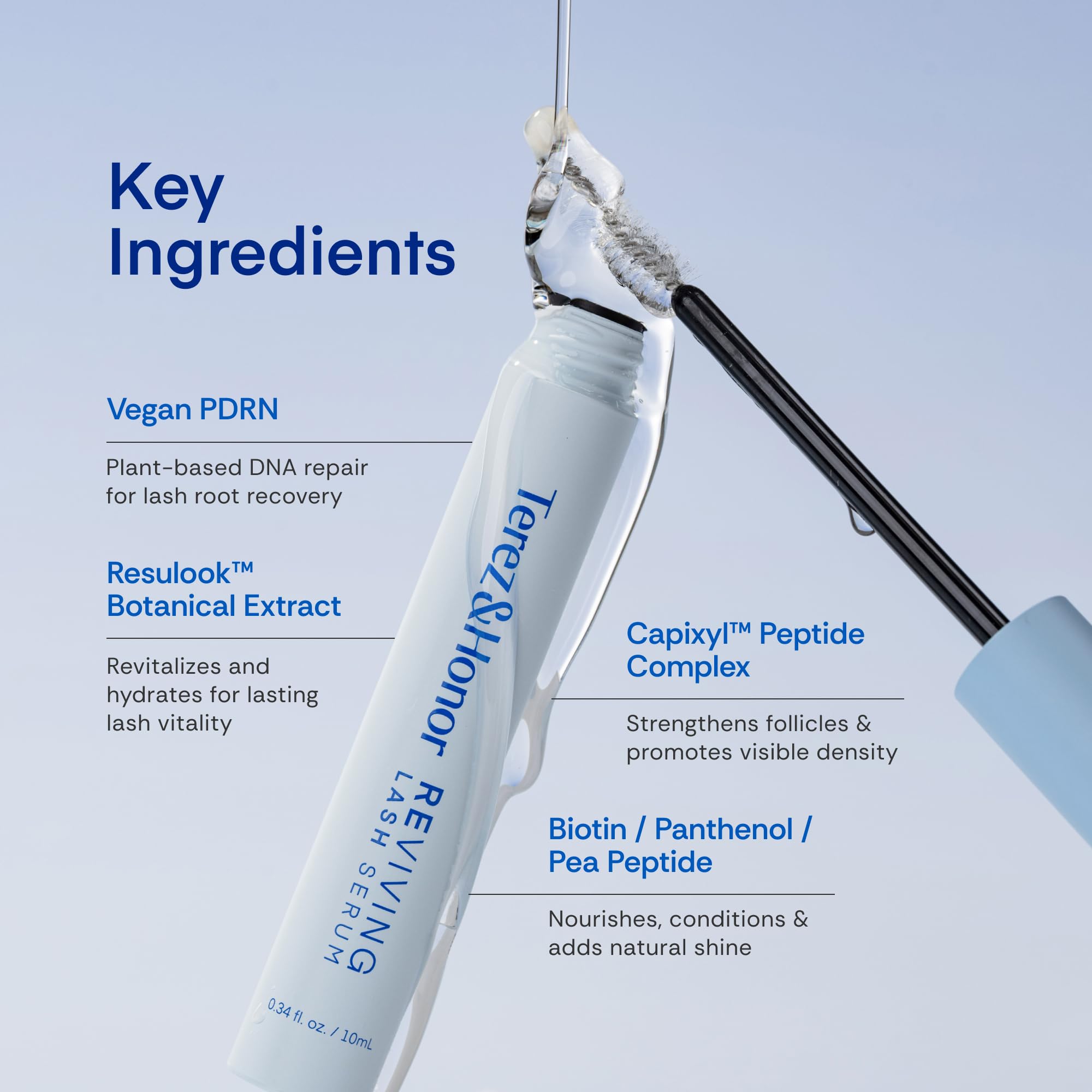 TEREZ & HONOR Reviving Lash Serum packaging highlights clean vegan formula.