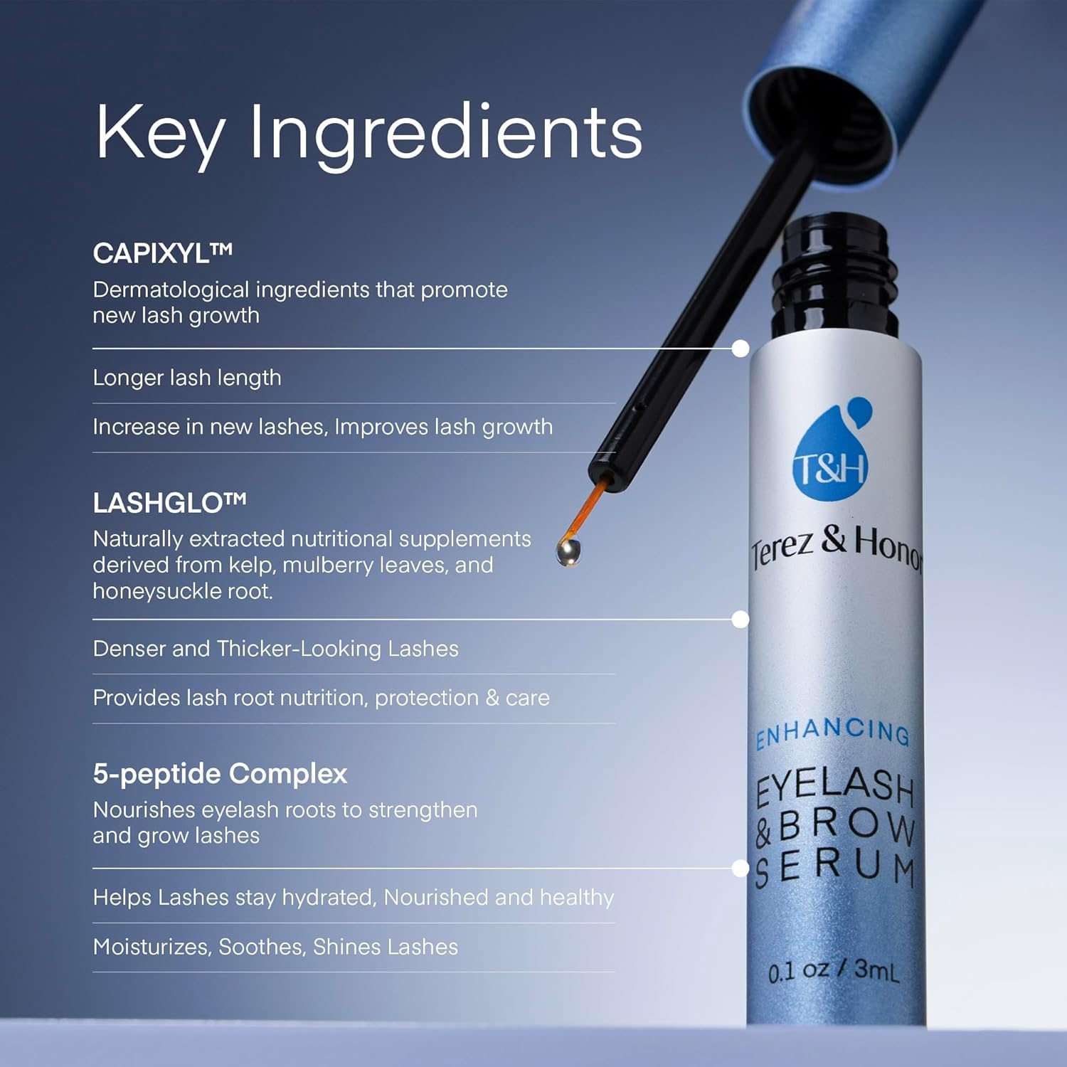 TEREZ & HONOR Serum precision applicator enables easy, precise nightly application along the lash line.