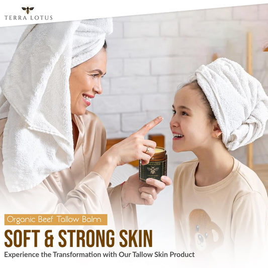 Terra Lotus balm ingredients displayed, grass-fed tallow and raw honey nourishes skin