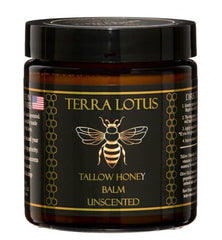 Terra Lotus honey tallow balm jar showcasing natural, unscented formula for daily moisture