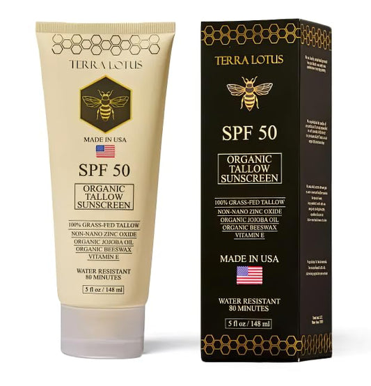 Terra Lotus Organic Tallow Sunscreen bottle provides SPF 50 protection for outdoor days.