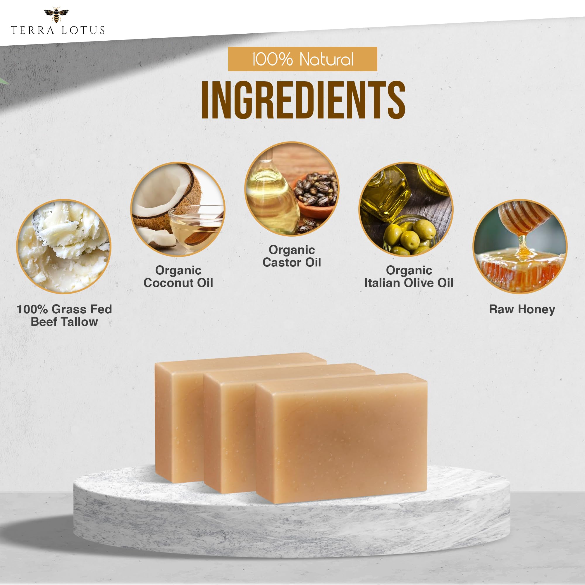 Terra Lotus raw honey-infused soap highlighting antioxidant-rich formula for skin conditioning.