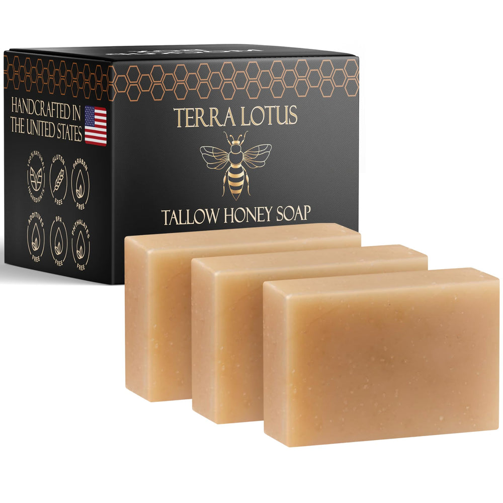Terra Lotus organic tallow soap bar with creamy lather for gentle cleansing.