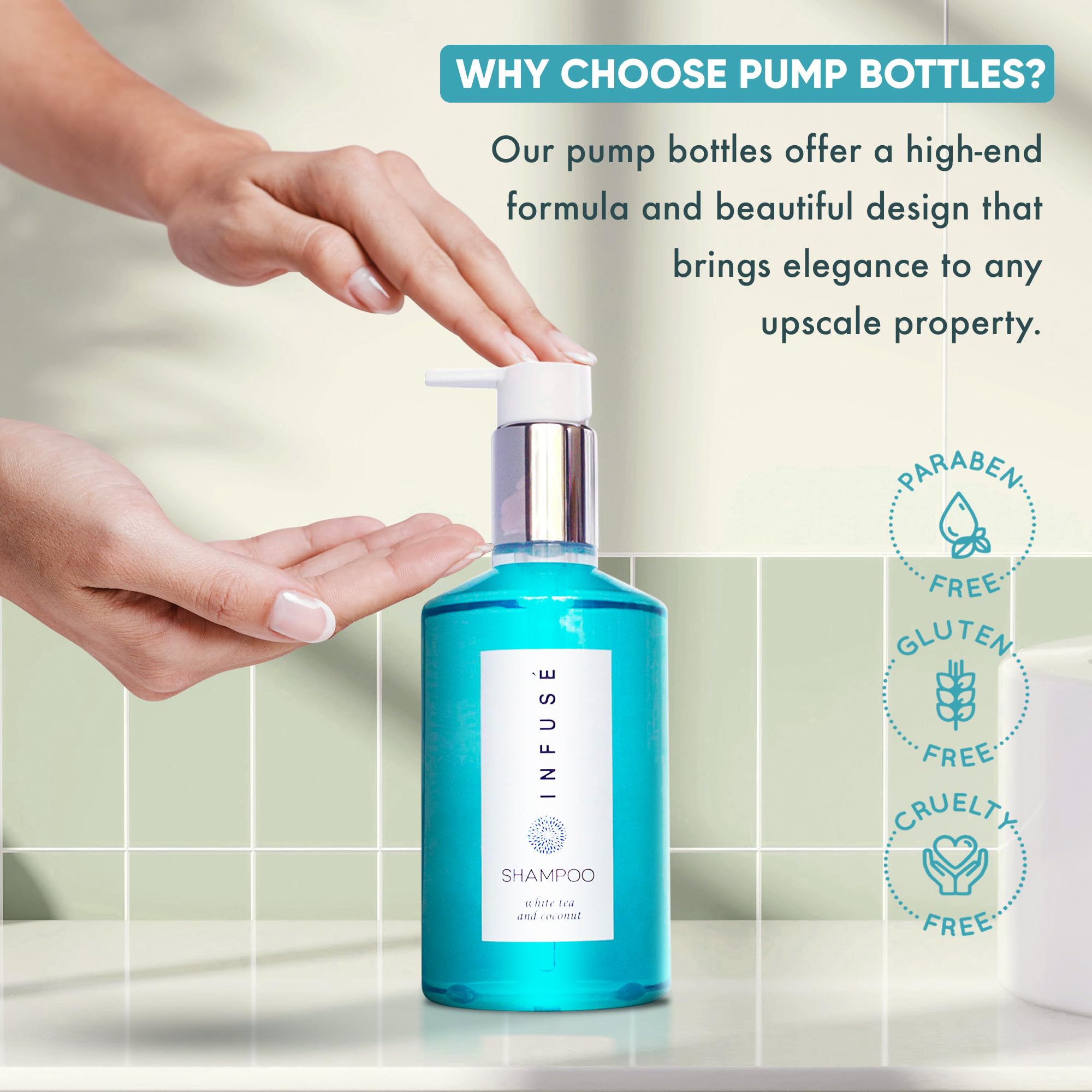 Terra Pure 1-Shoppe Infuse body wash bottle pump for guest bathing.