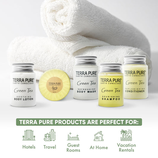 Terra Pure 1oz shampoo bottle showcasing compact hotel amenity ideal for guests