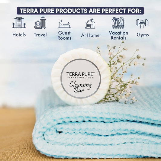 Terra Pure aloe-olive oil bar soap highlights the organic formula for guest room cleansing.