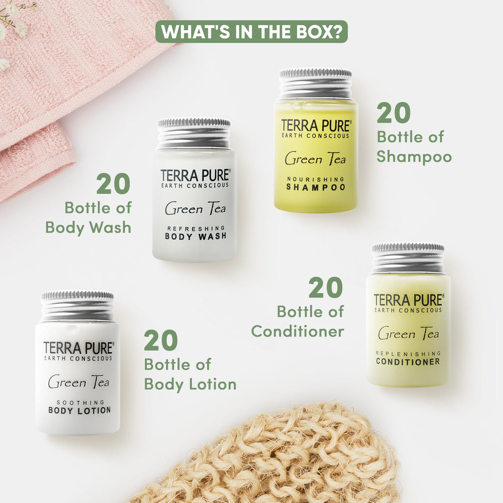 Terra Pure Green Tea Body Wash bottle—invigorating cleanse with aromatic notes for spa-like stays.
