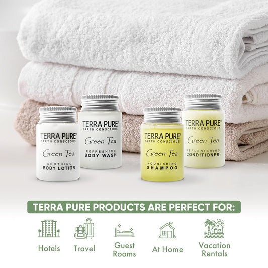 Terra Pure Green Tea Conditioner bottle—gentle detangling for smooth, hotel-grade guest showers.