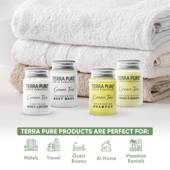 Terra Pure Green Tea Conditioner bottle—gentle detangling for smooth, hotel-grade guest showers.