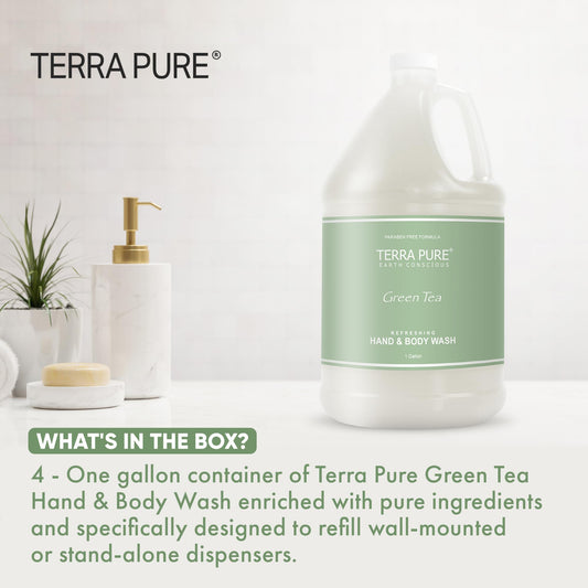 Terra Pure Green Tea refill gallon shown for steady dispenser supply in hotels.