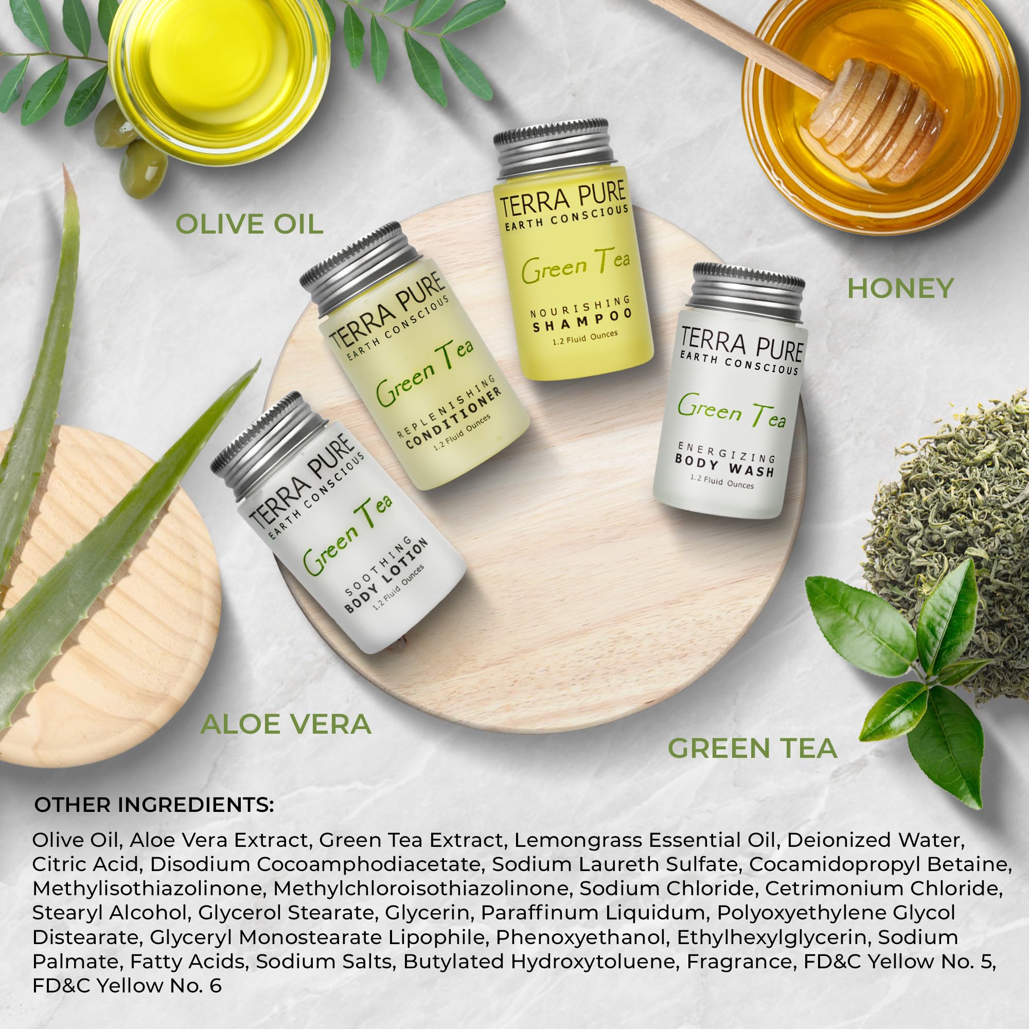 Terra Pure Green Tea Lotion bottle—silky moisturizing finish ideal for guest bathrooms.