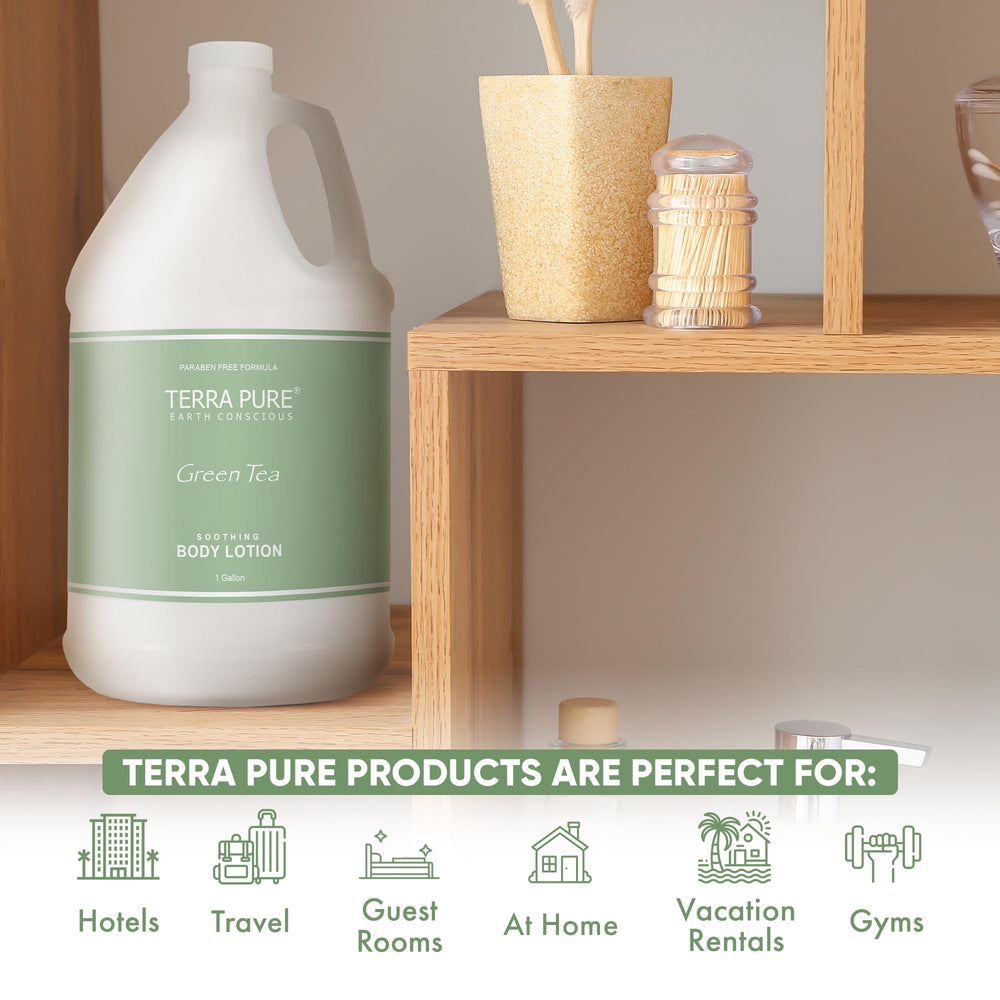 Terra Pure Green Tea Lotion gallon in guest bathroom dispenser setup