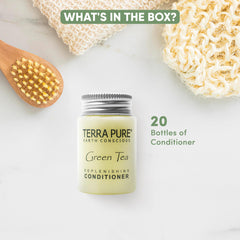 Terra Pure green tea scent bottle closeup in a guest room