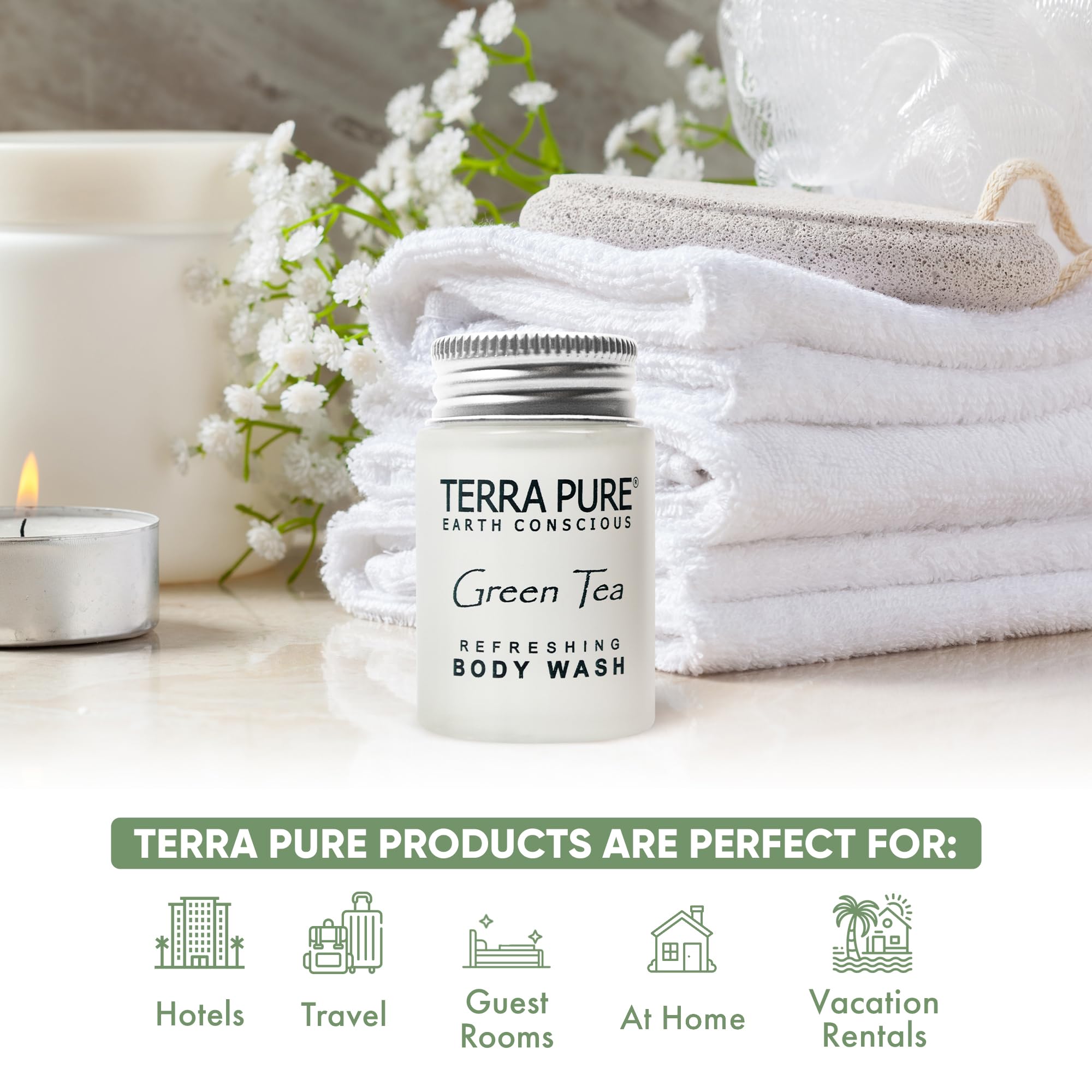 Terra Pure green tea scent label highlighting refreshing aroma for guest bathrooms