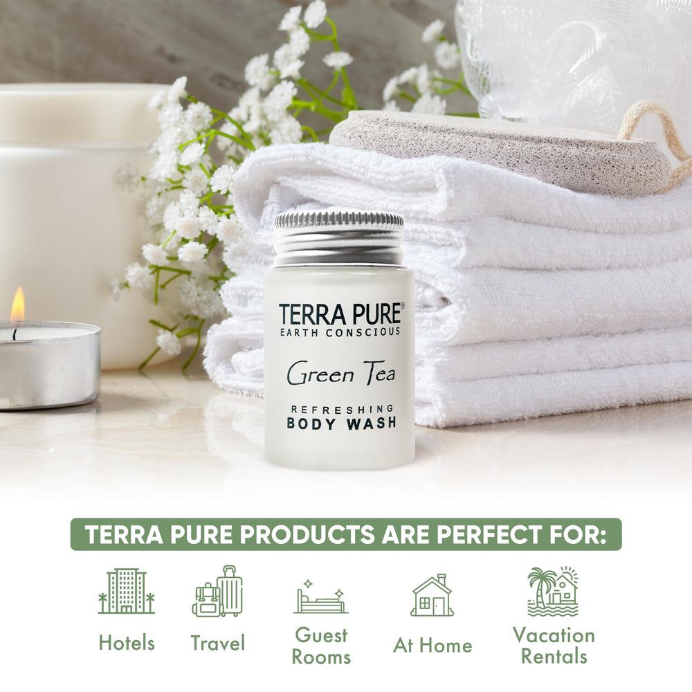 Terra Pure green tea scent label highlighting refreshing aroma for guest bathrooms