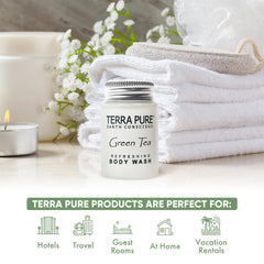 Terra Pure green tea scent label highlighting refreshing aroma for guest bathrooms