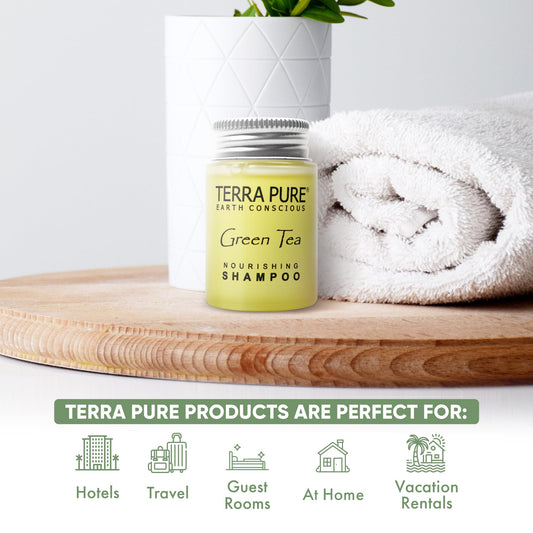 Terra Pure green tea scent shampoo 1oz bottle for guest rooms.