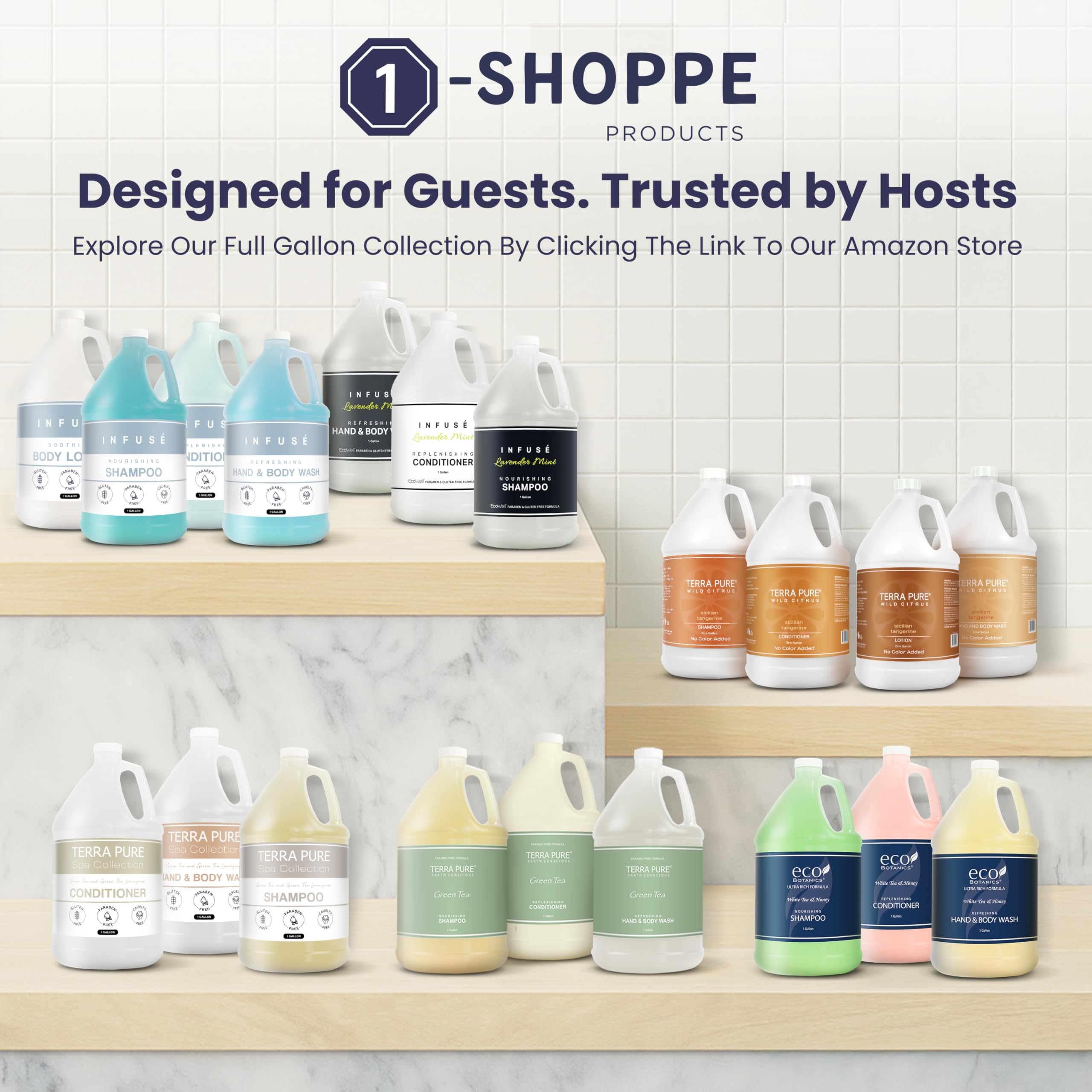 Terra Pure guest room shampoo display offering easy access for travelers