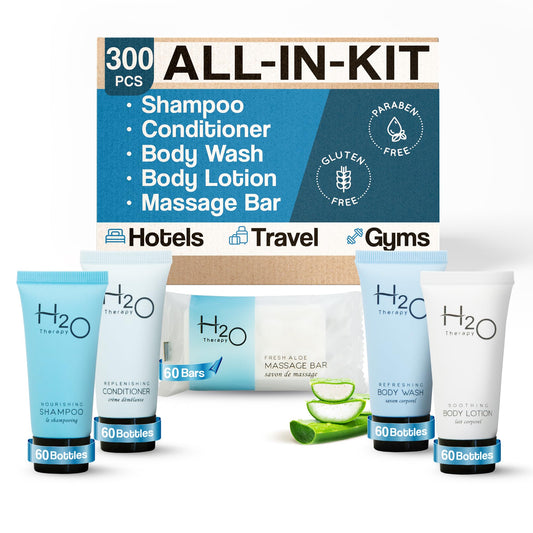 Terra Pure H2O Therapy shampoo mini bottle for hotel guests, gentle cleansing and refreshing scent.
