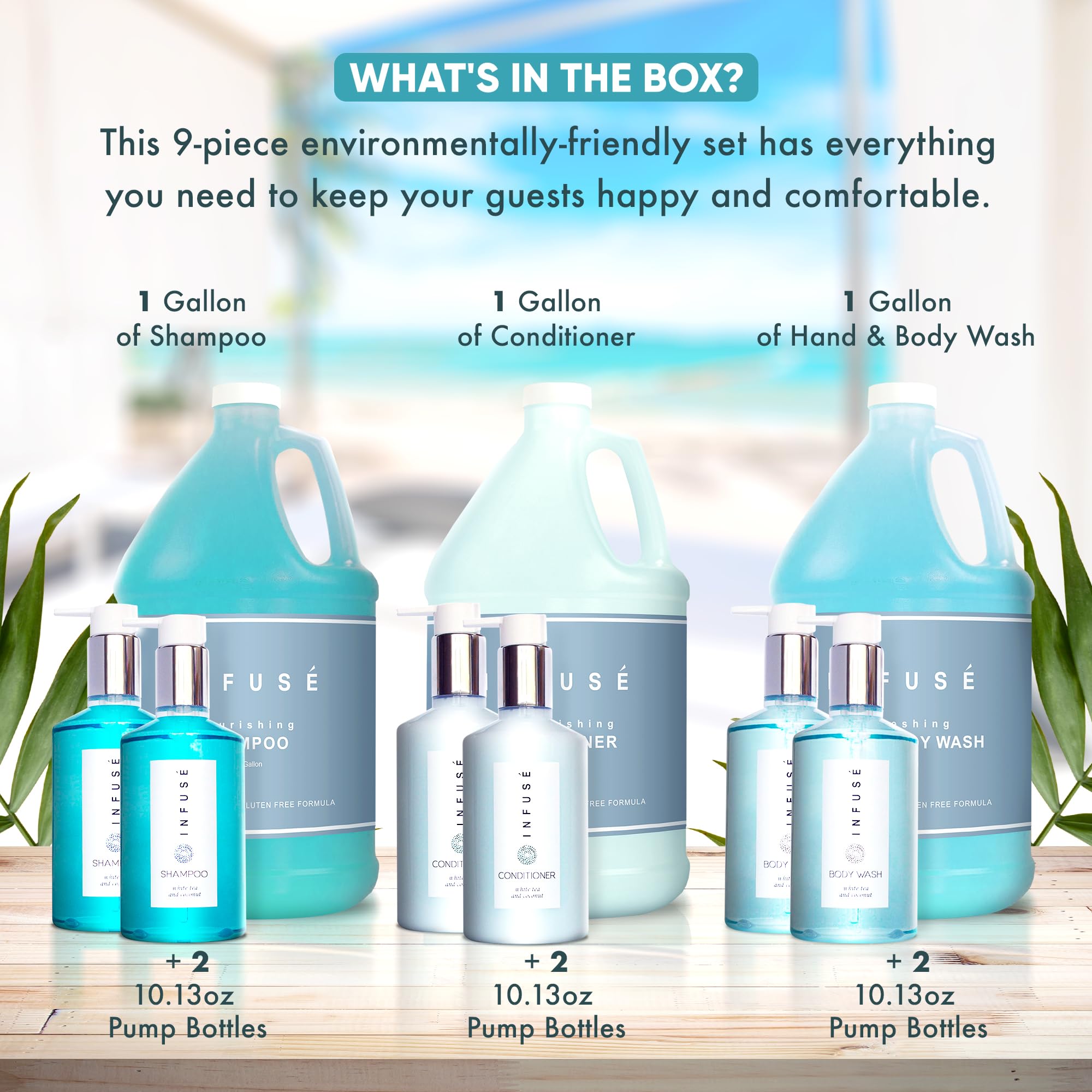 Terra Pure H2O Tropical Infuse body wash gallon bottle close-up for guests