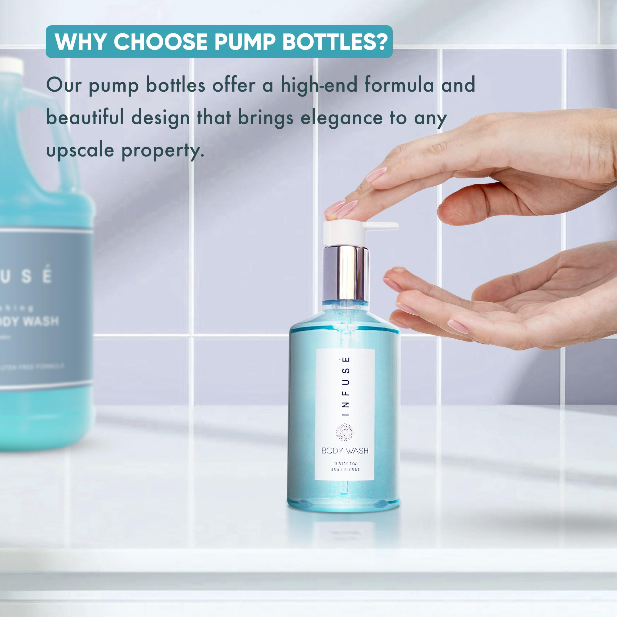 Terra Pure refillable conditioner pump bottle in hotel bathroom for guests