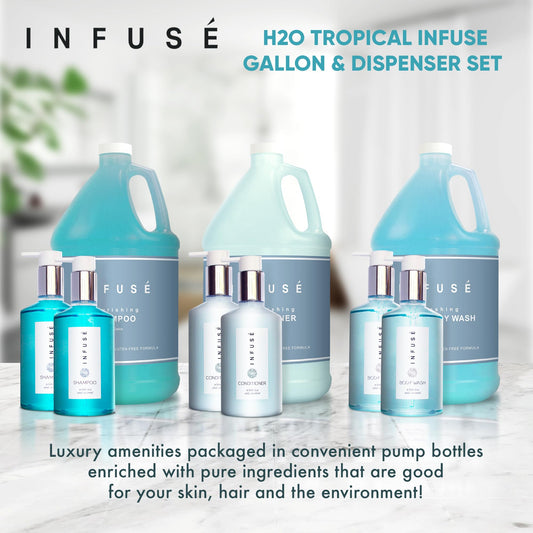 Terra Pure H2O Tropical Infuse shampoo gallon bottle close-up for guests