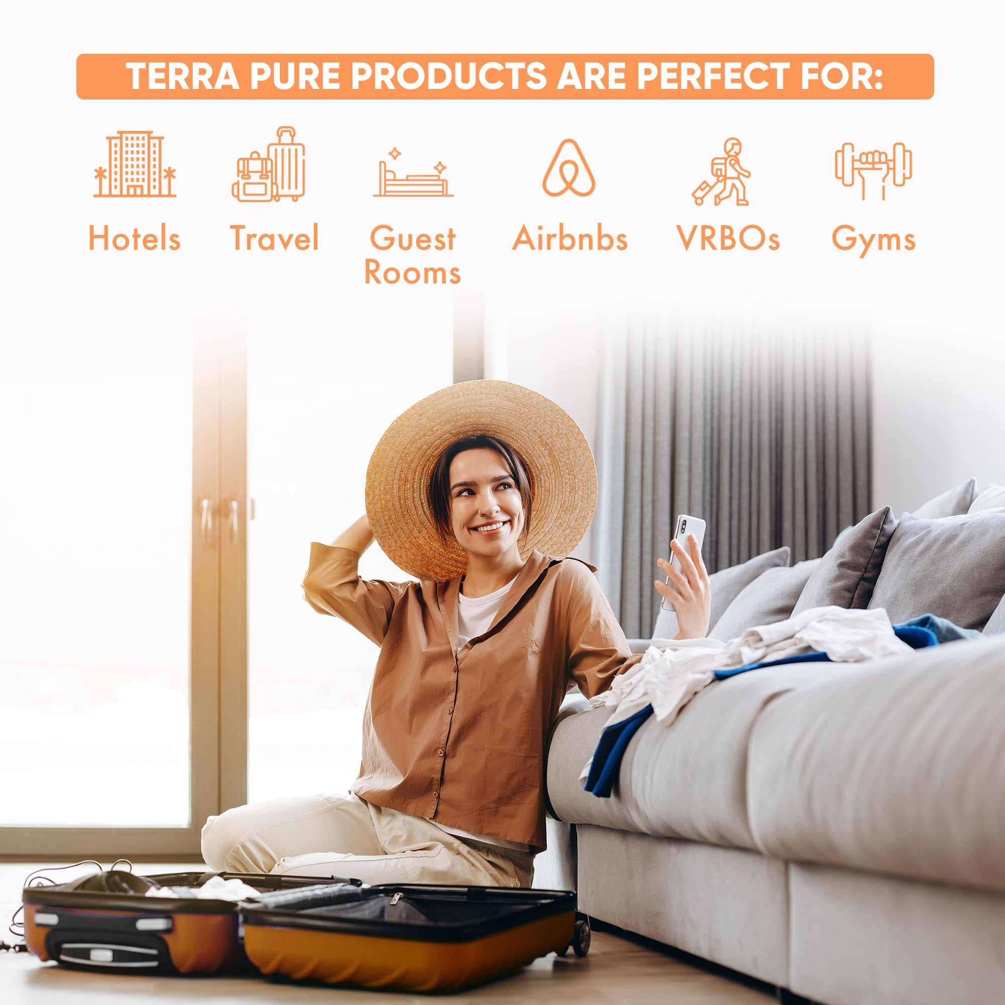 Terra Pure hotel amenities bulk packaging shown for convenient guest rooms
