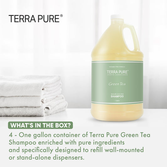 Terra Pure shampoo dispensers on wall-mounted units support fast guest room refills.