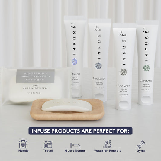 Terra Pure Infuse White Tea conditioner bottle offering gentle hair care for guests.